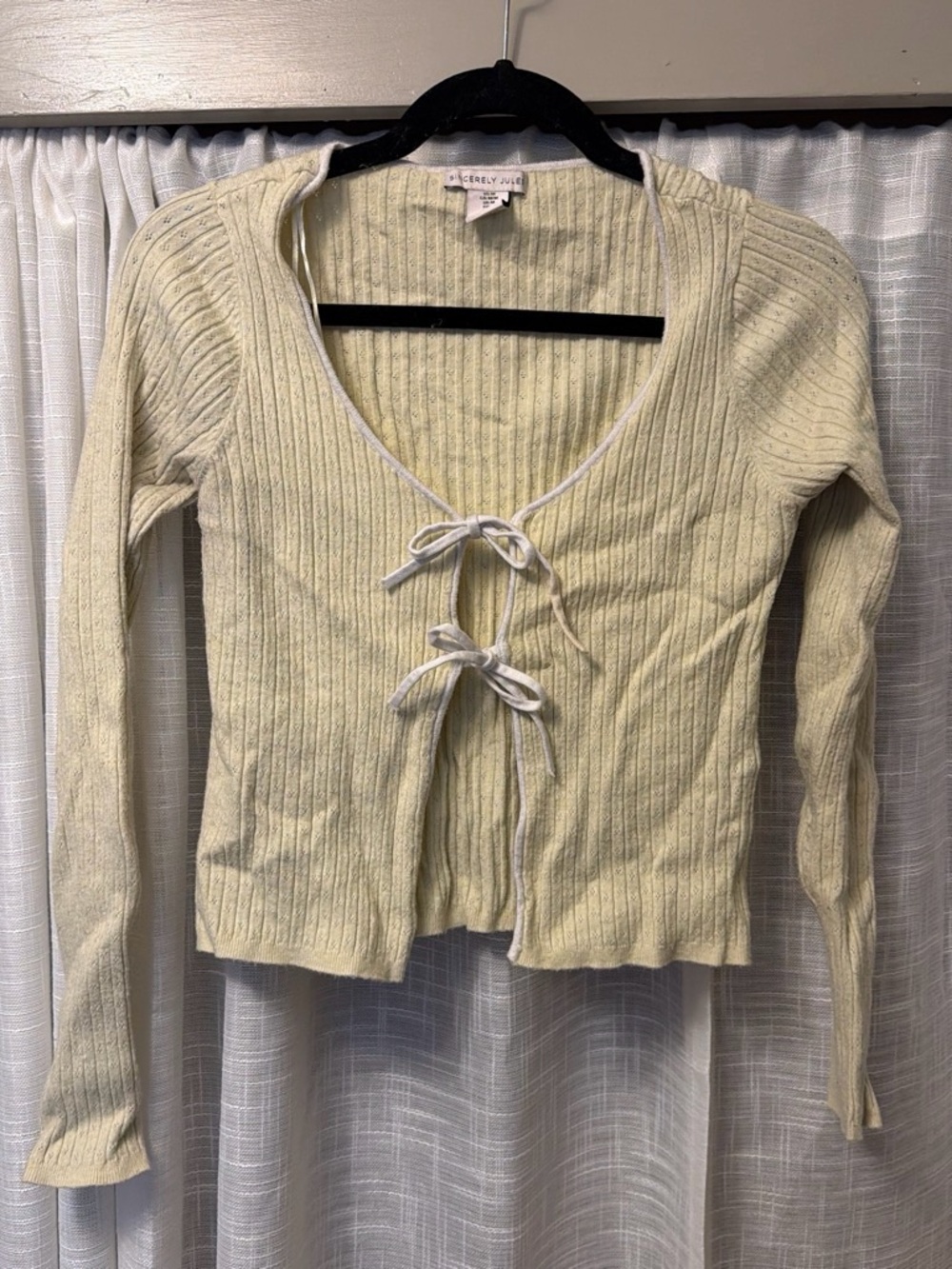 Sincerely Jules Pale Yellow Ribbed Tie-Front Long Sleeve Top